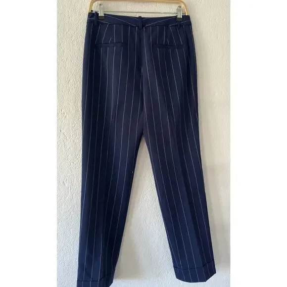 Lauren Ralph Lauren Black Label Pleated Navy Pinstripe Cuffed High Waist Sz 4 - Picture 6 of 14